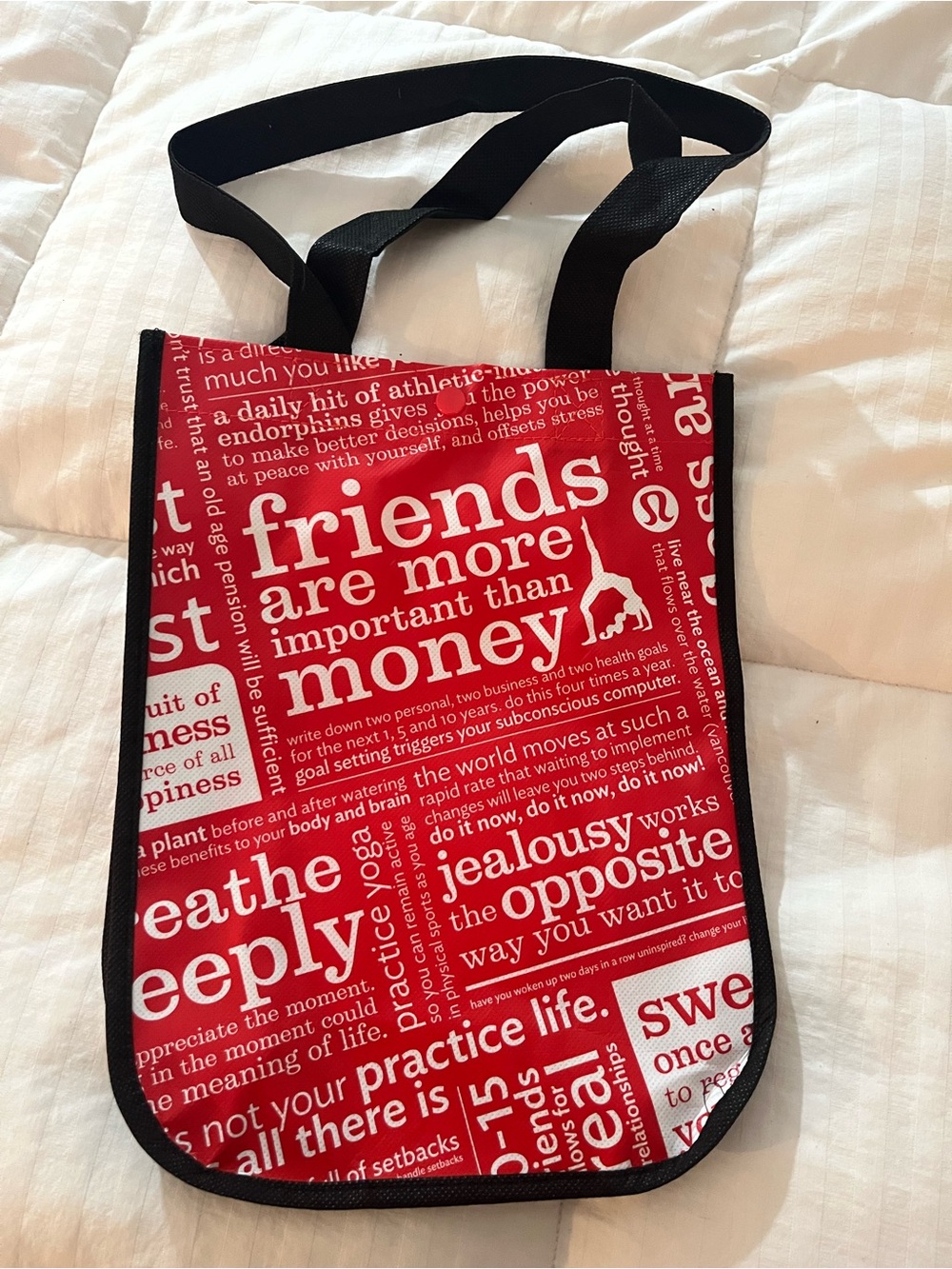 Lululemon Red Inspirational Tote Bag with Text Print